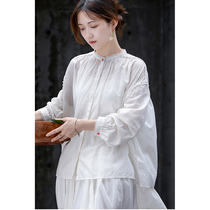 An old original white oak silk cotton ultra light thin and small round collar opening flawless flower fairy style small shirt 4790