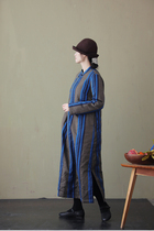 An old original autumn and winter style flax cotton blue curly striped upright collar loose improved style clip cotton qipao dress 4679