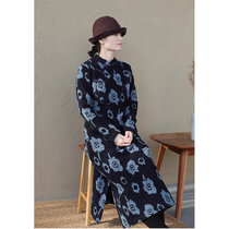 One old original winter Japanese imported fabric wool jacquard hollow blue flower improved cheongsam dress 3424