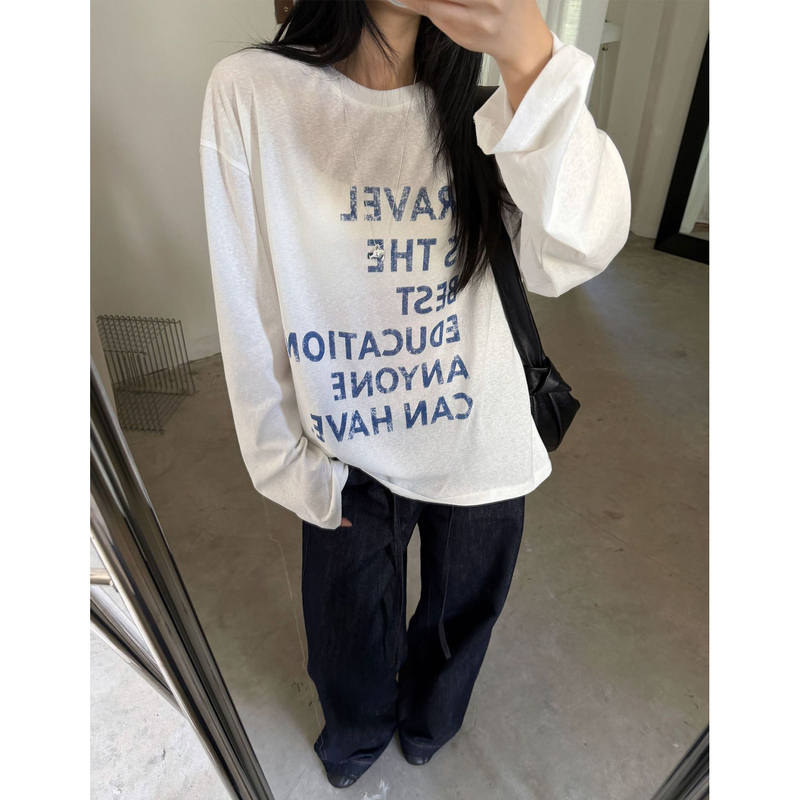 Letter Print Long-Sleeved T-Shirt Women's Sun Protection Shirt Loose Mid-Length Top 2026 Early Autumn New Style Casual Simple Ins