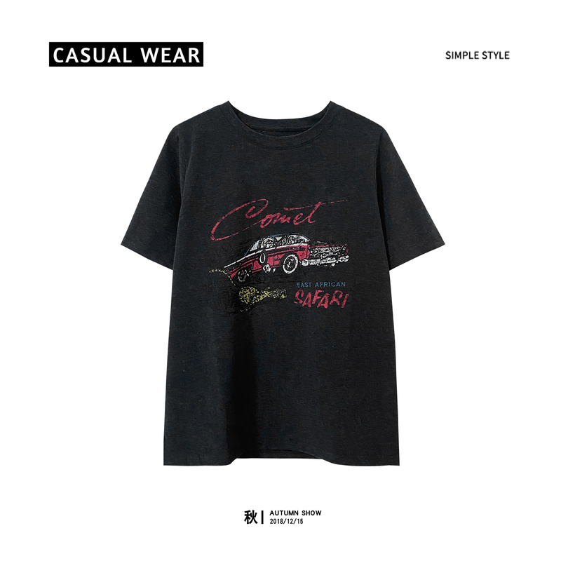Gray Brushed Cotton T-Shirt for Women, Loose and Casual, Versatile, Thickened with Cartoon Print, Short-Sleeve Top, Early Spring 2026 New Trendy Style