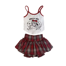 2024 new girls summer retro printed bow halter top plaid culottes suit vest half skirt trendy