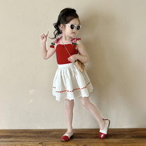 Korean style childrens clothing short embroidered suspenders summer new style childrens baby girl outer wear red vest fashionable forest skirt