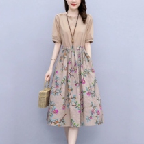 Cotton linen crumbled splicing one-piece dress woman 2022 new cashew slim temperament reduction age big code mid-length A-word dress