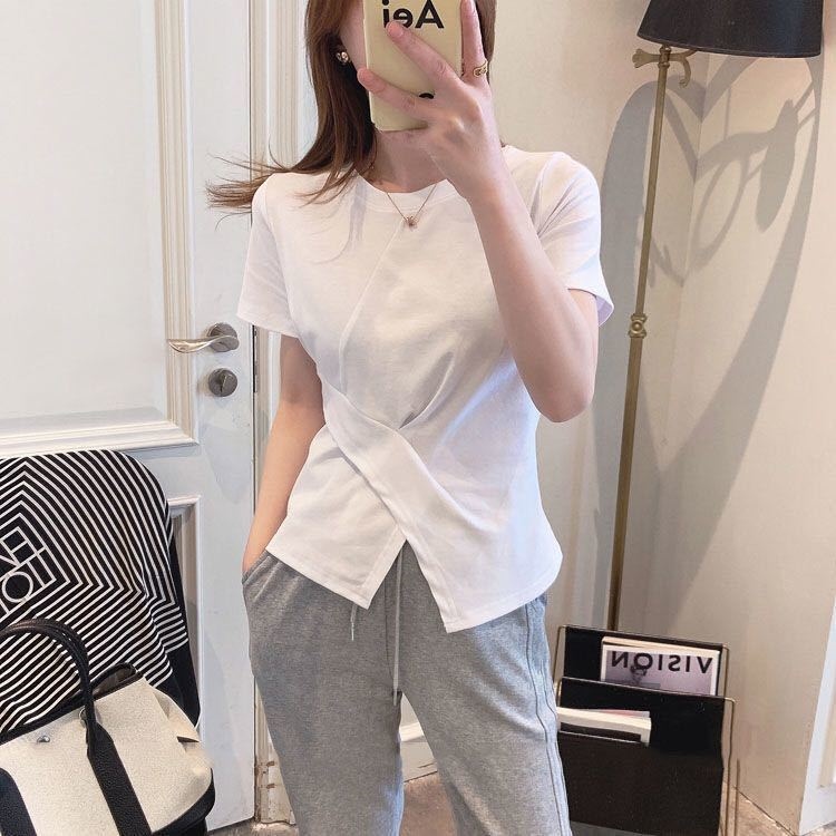 New Irregular Open Fork Short Sleeve T-Shirt Woman 2021 Spring Summer New Women's Fashion Big Size Coat Tide