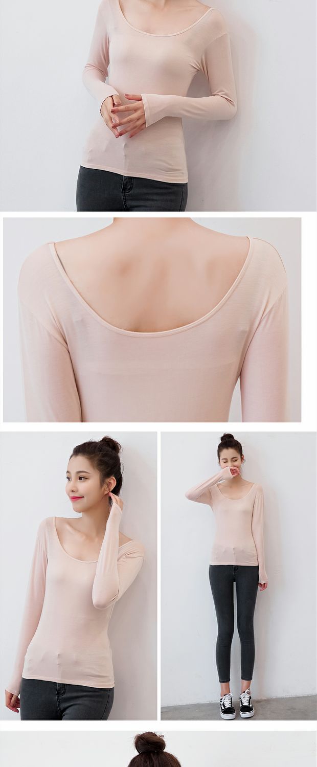 Viscose modal áo sơ mi nữ tay dài cổ chữ U cổ thấp phần mỏng mảnh mai thon gọn áo sơ mi cổ tròn áo thun áo polo nữ tay lỡ