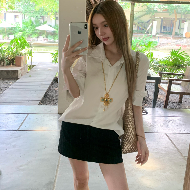 Tomatosister Relaxed Rolled-Edge Short-Sleeved White Shirt Loose Summer New Style Shirt Top