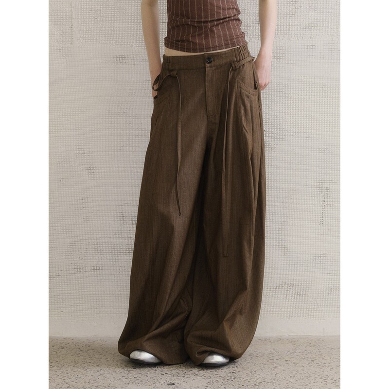 Tomatosister Drapey Pocket Pleated Silhouette Airy Wide-Leg Pants Versatile Casual Long Pants