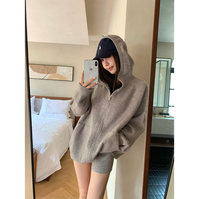 Tomatosister Gray Hooded Sweater Autumn and Winter Lazy Style Knitted Cardigan Zipper Suit for Women