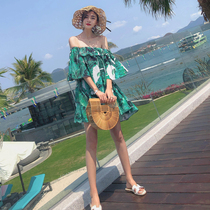 One-word shoulder beach skirt short small flower chiffon slim Bohemia seaside holiday dress female summer
