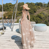 Sanya beach skirt suspenders high-end sequins backless dress dress long skirt super fairy seaside vacation photo clothes women