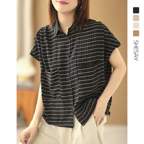 Xiao said retro casual summer thin strip streaks with short sleeves shirt loose and thin lining 2022 summer new
