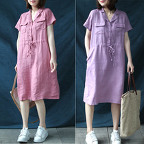 Xiao said literary and artistic leisure loose thin hanging pure linen tooling shirt dress womens short-sleeved summer 2020