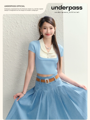 Подземный дизайн оригинальный дизайн подделка два куска полумесяца -краю контрастные сшивающие волосы вязаная T -Fyrt Jacket Короткая верхняя девушка