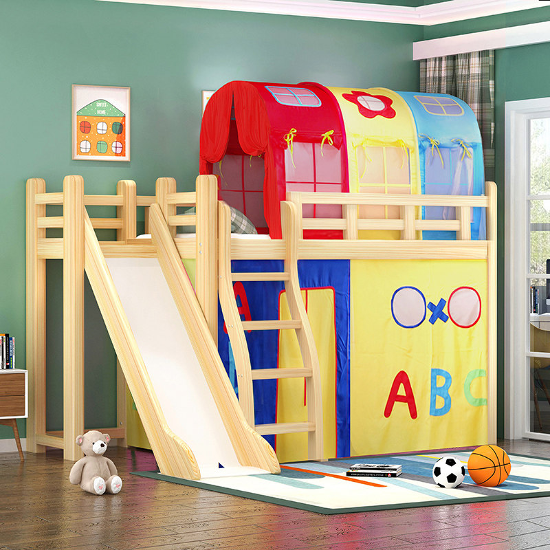 Solid wood slide bed double mother bed with multi-function game tent upper and lower bunk boys and girls separate bed artifact
