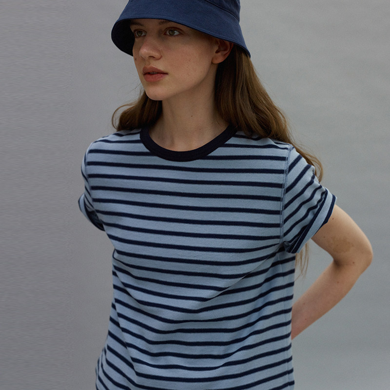 South Korea NOTHINGWRITTEN pure cotton summer round neck striped short-sleeved T-shirt women's top design sense female minority