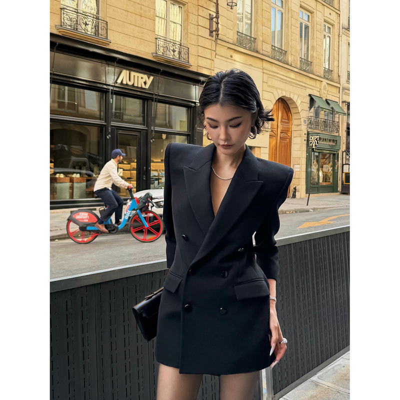 Zha San Guan Black Double-Breasted Long-Sleeve Waist-Cinching Blazer Dress for Women, Autumn and Winter 2026 New Style, High-End Short Dress