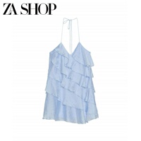 2026 new summer women's clothing, fashionable and versatile V-neck laminated decorative short suspender dress 5029238