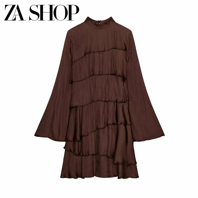 2026 Spring/Summer New Women's High Neck Long Sleeve Silk Satin Textured Layered Decorative Short Mini Dress 2087645