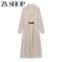2026 spring and summer new women's long-sleeved lapel belt with mid-length pleated midi dress 5029101
