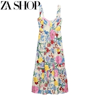 Summer new women's holiday style waist-cinching suspender long skirt floral print midi dress 3540271