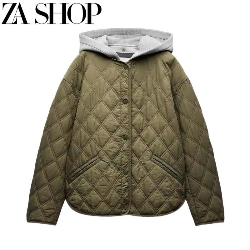 Autumn and Winter New Women's Color-Blocked Hooded Round-Neck Long-Sleeved Quilted Cotton Jacket 8073246