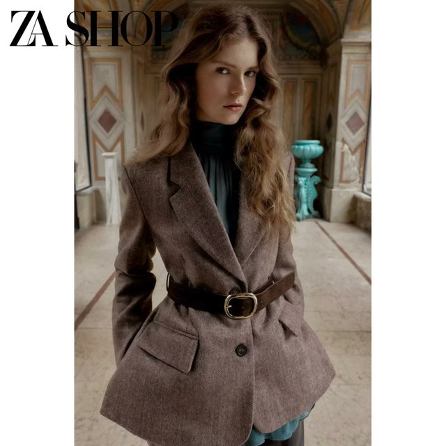 2025 winter new women's lapel long-sleeved shoulder pads and belt herringbone twill suit jacket 4387263