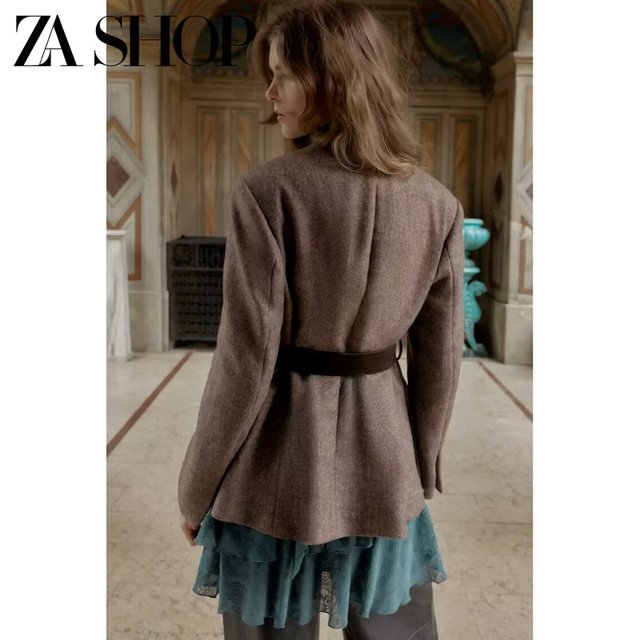 2025 winter new women's lapel long-sleeved shoulder pads and belt herringbone twill suit jacket 4387263