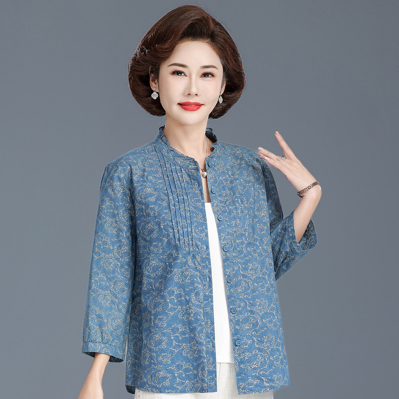Trendy Mom's Spring and Summer Pure Cotton Shirt, Full Cotton, Middle-Aged and Elderly Women's Clothing, Stand Collar Cardigan, Plus Size Shirt, Fashionable Grandma Style