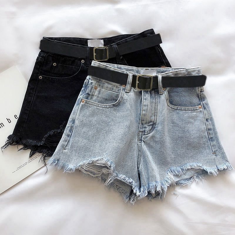 Slimming, Leg-Lengthening, Fringed Denim Shorts for Women, New Summer High-Waisted Wide-Leg A-Line Pants, Ripped Hot Pants, Thin