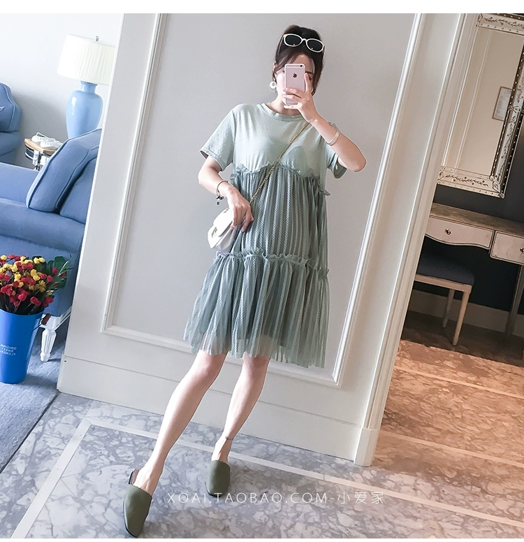 Váy bà bầu mùa hè mẫu thời trang 2019 áo sơ mi mới Hàn Quốc khâu ren váy buông tha dài - Áo thai sản