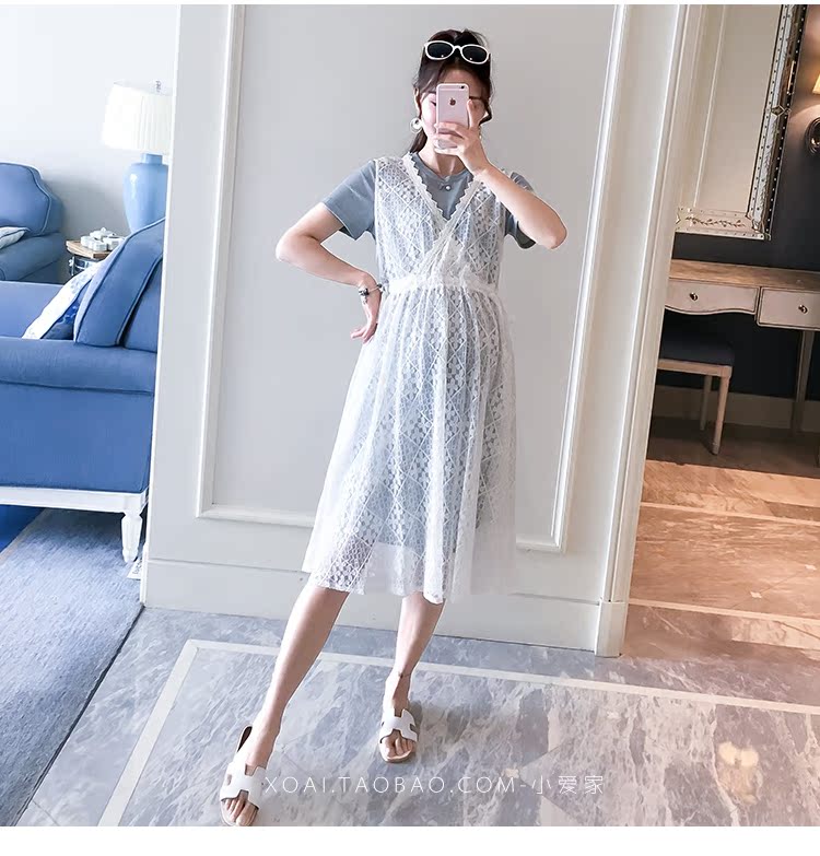 Phụ nữ mang bầu mùa hè 2019 mới phù hợp với thời trang mùa hè Váy ren dài hai mảnh mùa hè - Áo thai sản áo khoác bầu