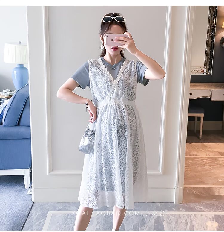 Phụ nữ mang bầu mùa hè 2019 mới phù hợp với thời trang mùa hè Váy ren dài hai mảnh mùa hè - Áo thai sản áo khoác bầu