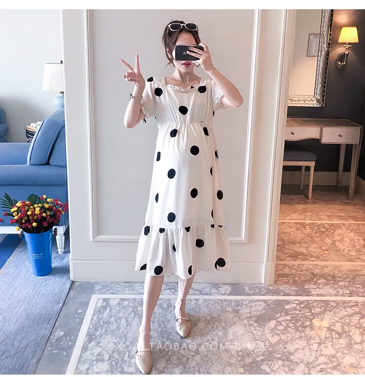 Bà bầu mùa hè 2019 mẫu thời trang mới thủy triều mẹ sóng điểm hè hè tay ngắn mang bầu cho bà bầu váy dài qua đầu gối - Áo thai sản váy bầu mùa hè
