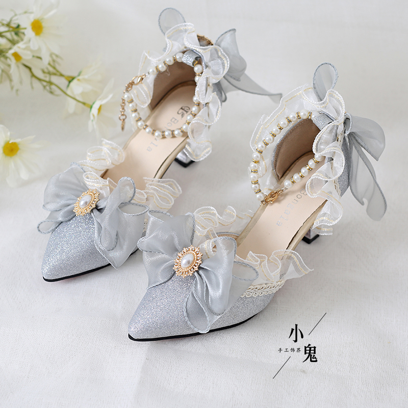 Original French-Style Lolita High Heels, Elegant and Exquisite Embroidered Lolita Court-Style Pointed-Toe Wedding Shoes and Sandals