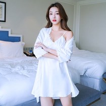 White suspender milk liquid nightgown female summer sexy pajamas with chest pad set thin home wear robe big size