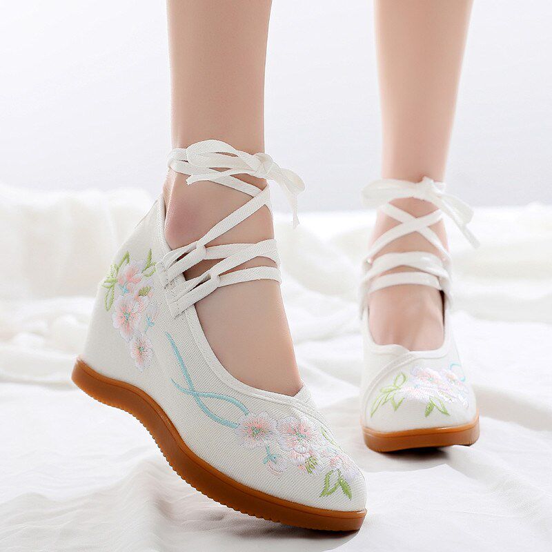 Hanfu High heel shoes 10cm Pale Yagu Wind Shoes Children Follow Hanfu Shoes Vegetarian Color Embroidered Shoes Ancient Dress With Cloth Shoes