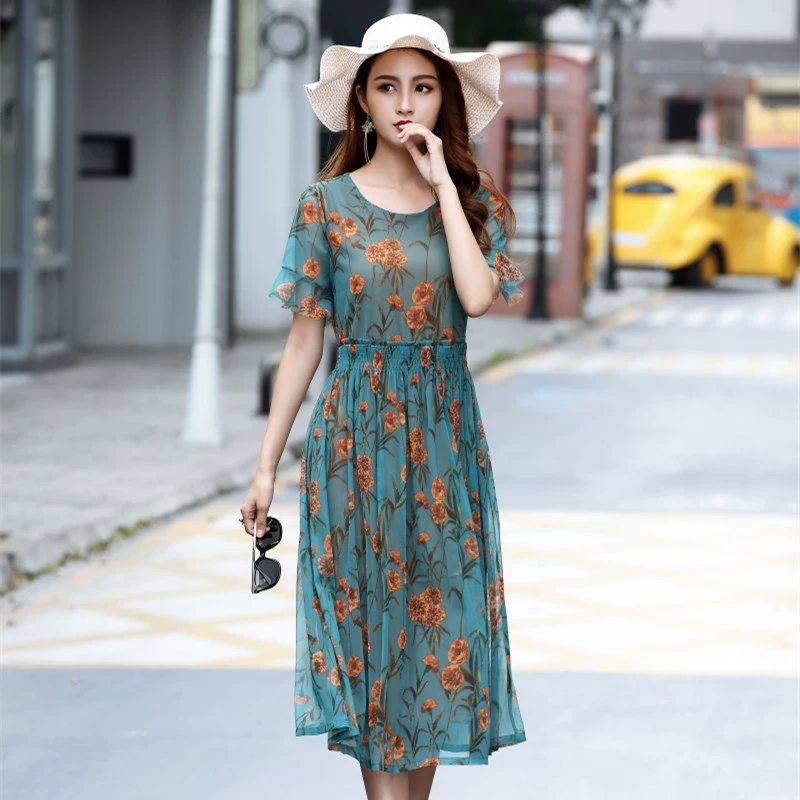 Tada Yixiu Váy dài giữa đầu gối của phụ nữ Hoa nhỏ phủ thịt đã nạc đàn hồi Người phụ nữ trưởng thành Amoi Kích thước lớn - Sản phẩm HOT