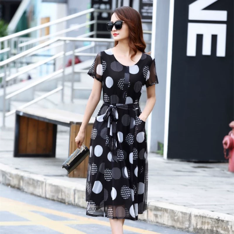 Tada Yixiu cổ tròn ren co giãn váy áo của phụ nữ trên đầu gối phụ nữ thoáng khí mùa hè mới người phụ nữ trưởng thành màu đen và trắng - Sản phẩm HOT