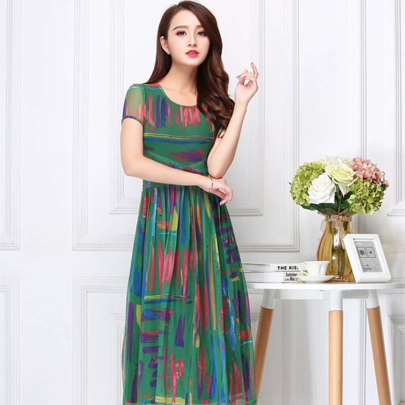 Tada Yixiu mùa hè màu xanh lá cây hàng rào cao eo sợi lưới co giãn mỏng và thoáng khí váy đầm dài trung bình của phụ nữ - Váy eo cao