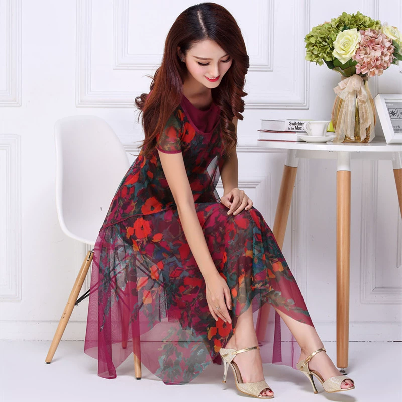 Không định vị hoa váy váy dài trung bình cộng với kích thước của phụ nữ co giãn lưới thoáng khí mùa hè mẹ hoa hồng đỏ cổ tròn tay ngắn - váy đầm