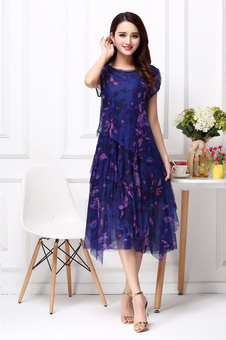 Đầm in họa tiết dài mẹ nữ đầu gối xếp li là phiên bản mỏng của Hàn Quốc mùa hè không đều 40-50-60 tuổi - Váy eo cao 	váy xếp ly eo