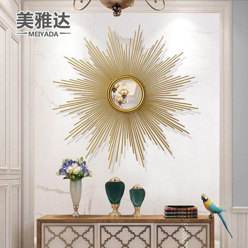 Modern simple sun decorative mirror background wall mirror living room entrance three-dimensional wall decoration creative iron pendant