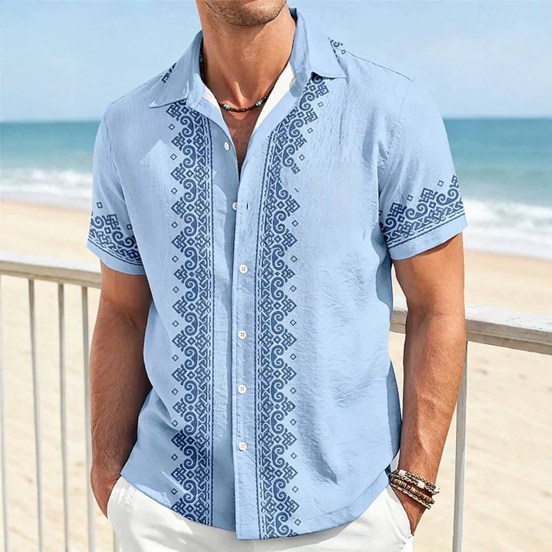 Men's Short-Sleeved Shirt 3D Printed Lapel Shirt Comfortable Four-Way Stretch Summer Western Cowboy Style Top