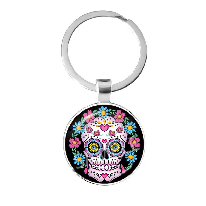 Mexican Day of the Dead Candy Skull Flower Round Time Gem Keychain Holiday Gift Mexican Day of the Dead Candy Skull Flower Round Time Gem Keychain Holiday Gift