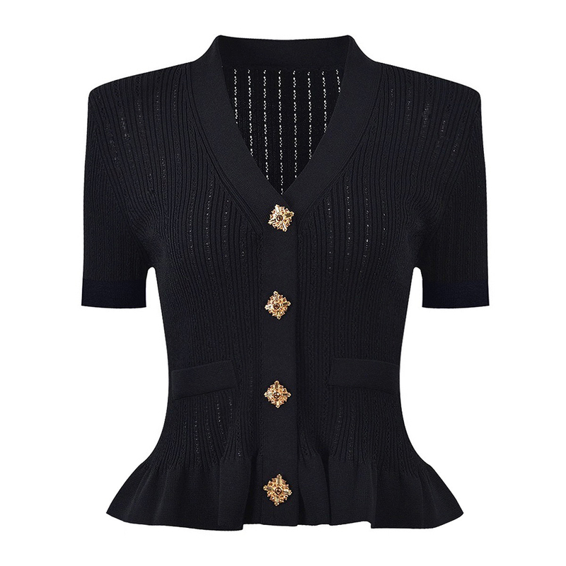 Balmanjina 2025 Summer New Style Chanel-Inspired V-Neck Rhinestone Button Short-Sleeve Ruffled Slim-Fit Knit Cardigan Balmanjina 2025 Summer New Style Chanel-Inspired V-Neck Rhinestone Button Short-Sleeve Ruffled Slim-Fit Knit Cardigan