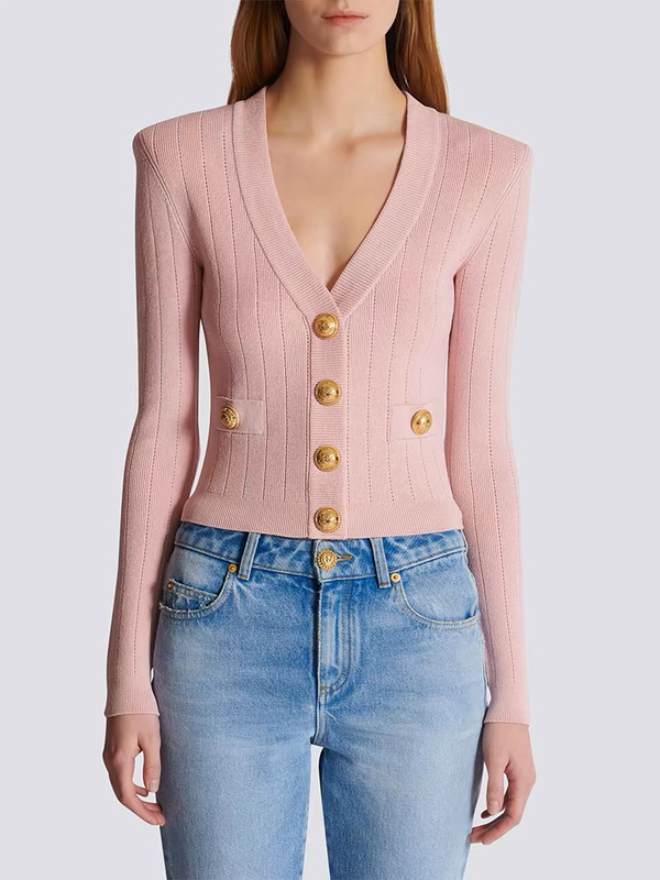 High-End Version Balmain Gina 2025 New Embellished Buttoned Padded Shoulder Short V-Neck Pink Knitted Cardigan Top Jacket