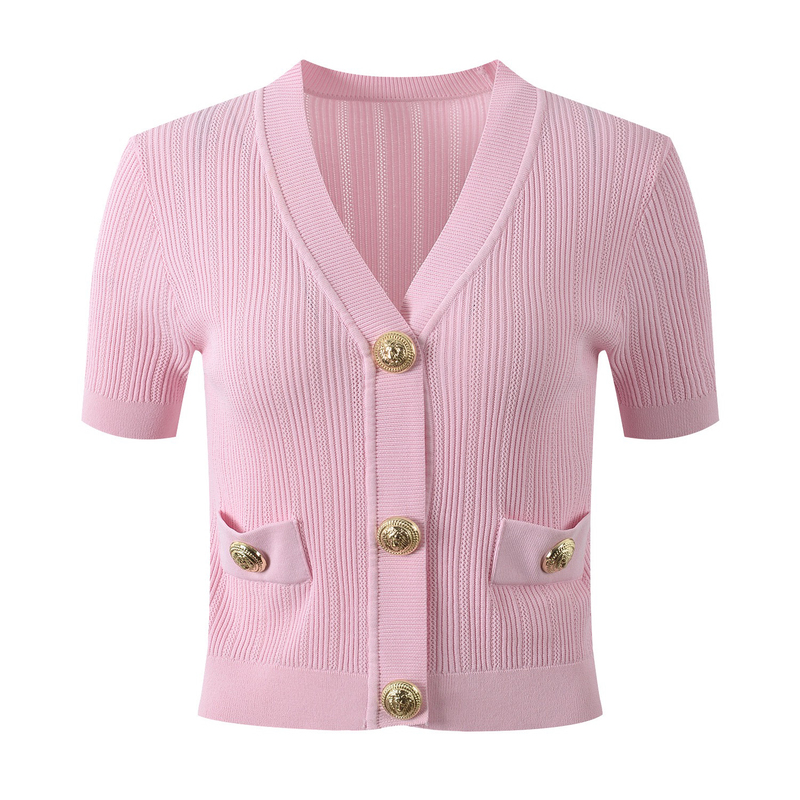 High-End Version Balman Gina Chanel-Style Elegant V-Neck Pink Top Slim-Fit Short-Sleeve Knitted Cardigan Jacket
