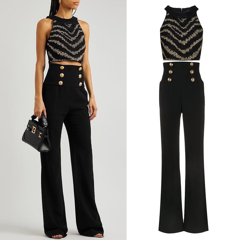 Balmain Gina 2025 Summer New Rhinestone Vest + Black Wide-Leg Pants Elegant High-Waisted Flared Pants Long Pants
