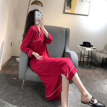 Sexy pajamas female modal long sleeve shirt collar nightgown long size loose fat MM pregnant women home clothing recommended